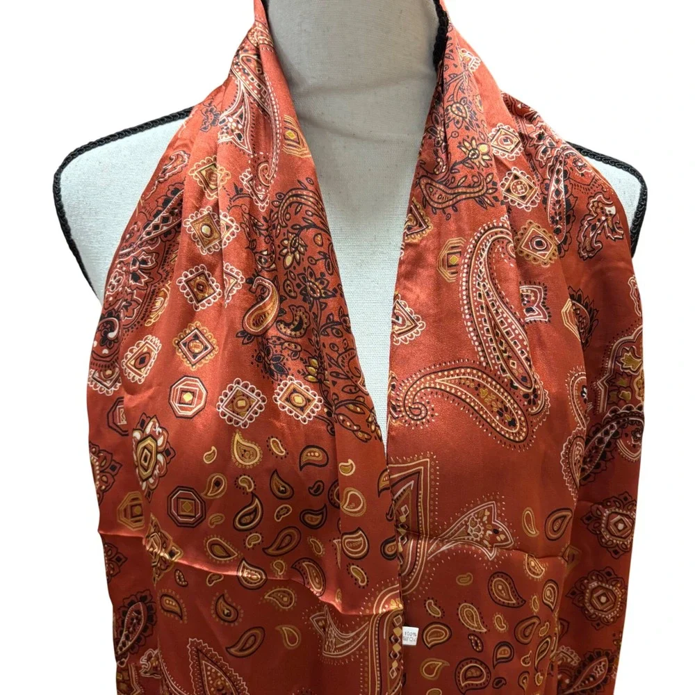 100% Silk‎ Scarf Rust Paisley Fringe Burnout Lightweight Accessory